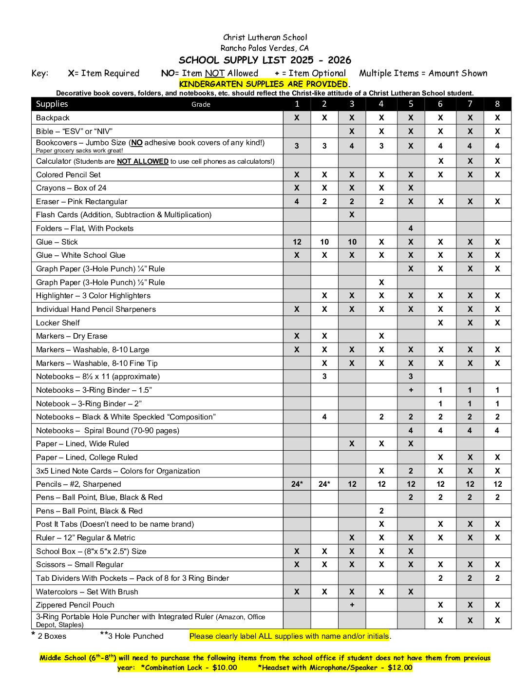 Classroom Supply List