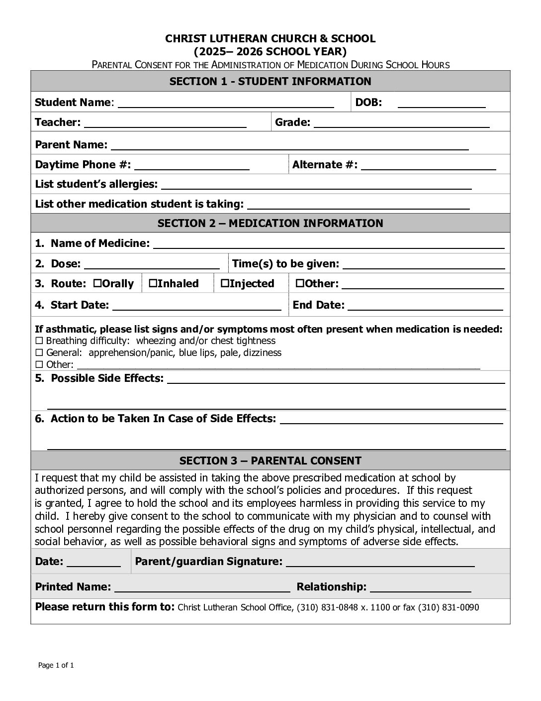 Parental Medication Consent Form