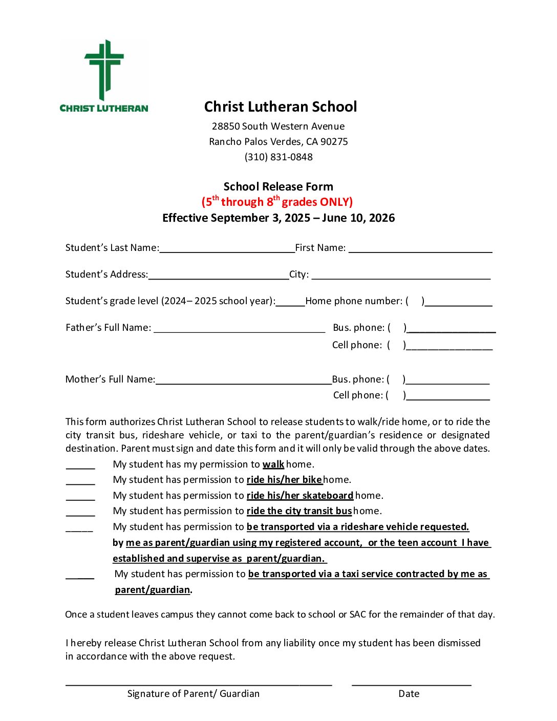 School Release Form