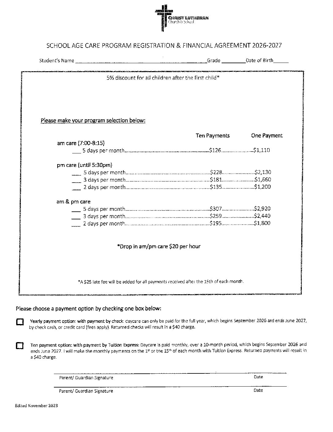 School Age Care (SAC) Registration Form